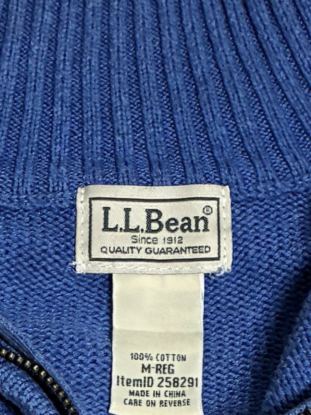 LL Bean Men's M Regular Blue Cotton 1/4 Zip Ribbed Knit Sweater - Picture 5 of 7